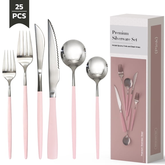 Astercook 25-Pieces Silverware Set with Steak Knives for 4 - Great Food-Grade Stainless Steel Flatware Set, Mirror-polished Cutlery Utensil Sets, Ideal for Home Restaurant & Banquet Use, Pink