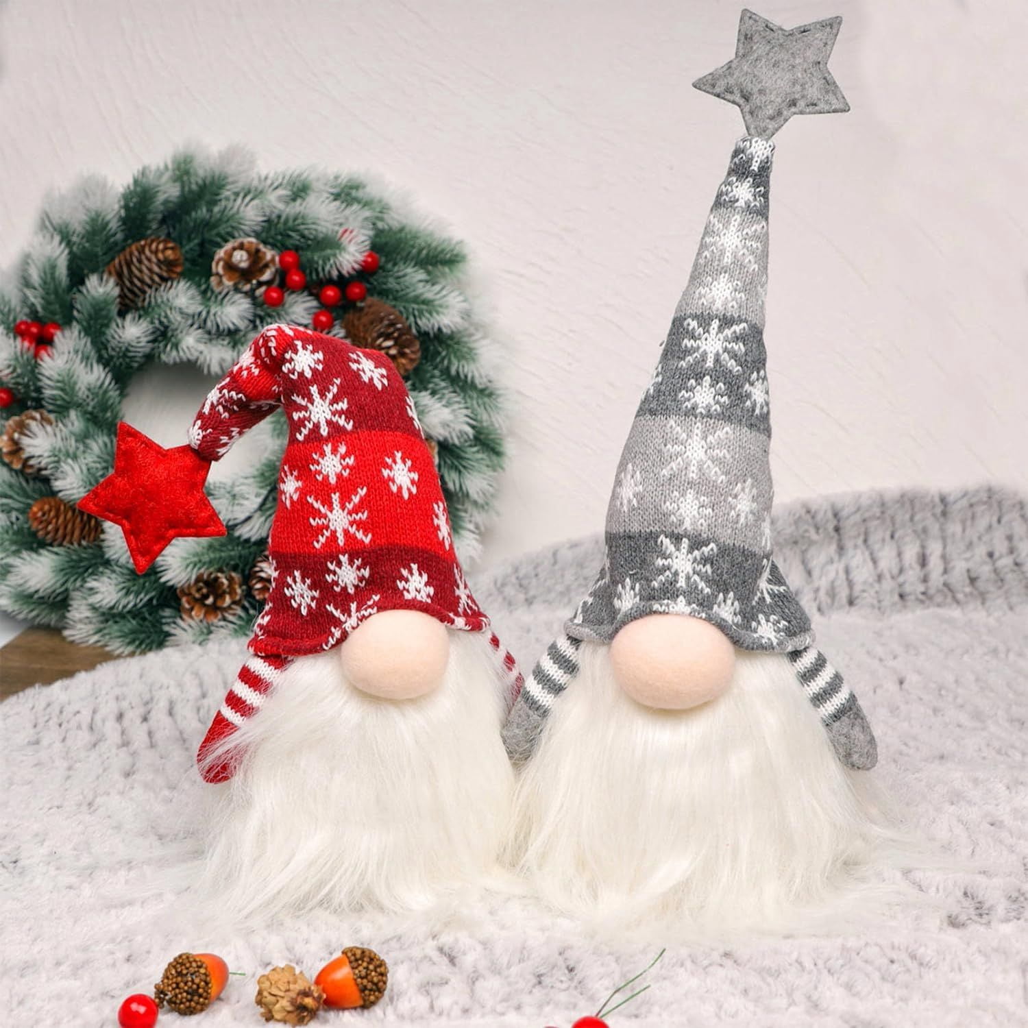 Lighted Christmas Gnome, Handmade Plush Scandinavian Swedish Tomte, Light Up Elf Toy Holiday Present, Battery Operated Winter Tabletop Christmas Decorations, 2 Set