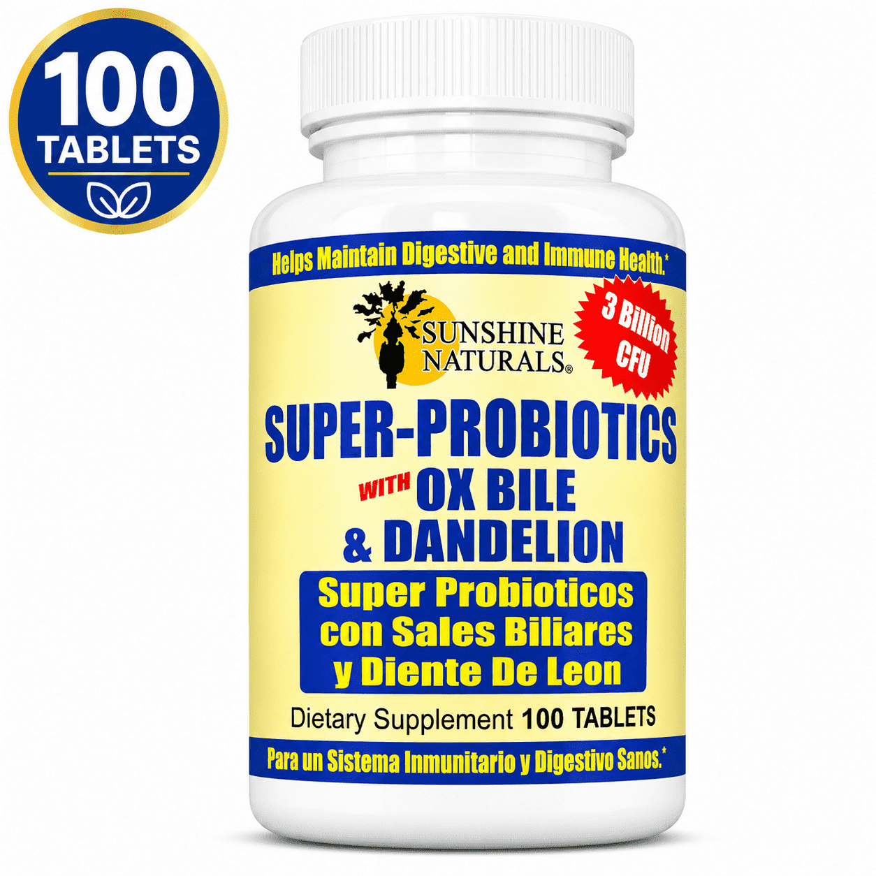 Sunshine Naturals Super Probiotics for Women and Men With Ox Bile & Dandelion, Digestive Enzymes Dietary Supplement - 100 Tablets