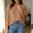 thumbnail image 2 of Women's Round Neck Short Sleeve Knitted Sweater Ruffled Hem Pullover with Openwork Pattern for Summer, 2 of 5