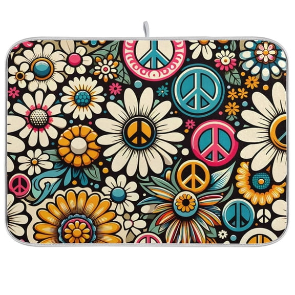 Daisy Flower Peace Symbol Dish Drying Mat Dish Drainer Rack Mats Water Absorbent Non-Slip Easy Clean Heat Resistant for Kitchen Counter