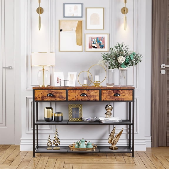 Entryway Table, 38'' Console Sofa Table with 3 Fabric Drawers, Industrial Entry Way Table with Storage Shelves, Display Shelf for Living Room, Hallway, Entrance, Foyer, Rustic Brown