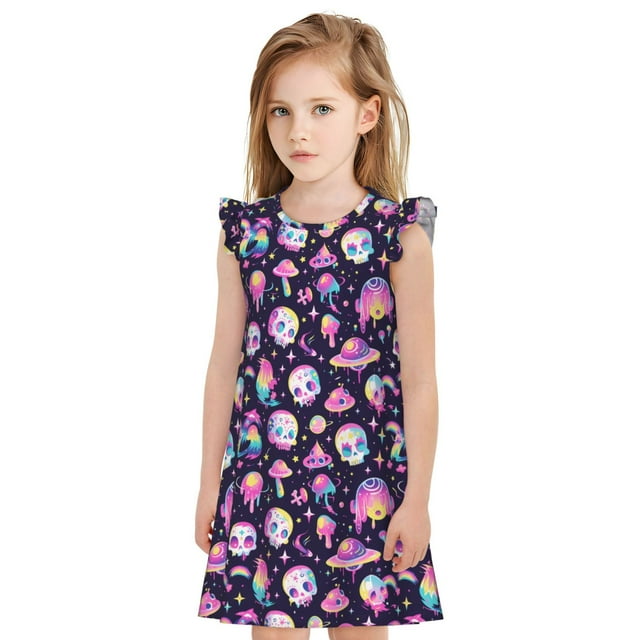 Vsdgher Crâne Champignon Espace pour Filles Chemises de Nuit Manches Courtes Robe de Nuit Pyjama pour Fête Pyjama-TTG