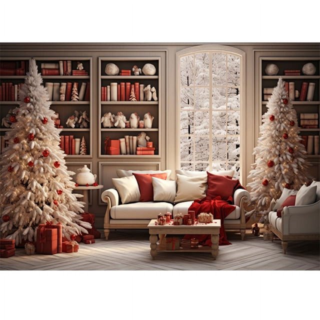 Bonvvie Christmas Photography Backdrop Xmas Fireplace White Christmas Tree Gifts Pine Trees Family Party Studio Photo Background