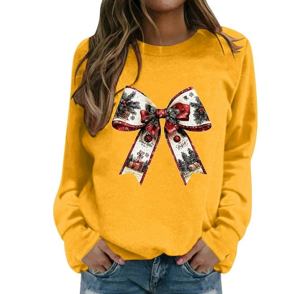 Fiaer Bow Women Sweatshirts Christmas Baggy Tops Holiday Crew Neck Trendy Long Sleeve Cozy Leisure Pullover Yellow XL