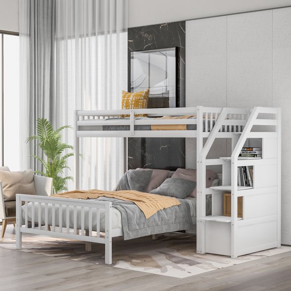 Luckynote Twin over Full Loft Bed with Staircase,White