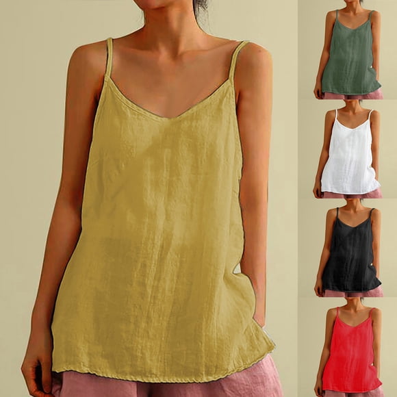 CFLVAEK Womens Tank Tops 2025 Cotton Linen Spaghetti Strap Camisole Loose Fit Sleeveless Tank Top Solid Color Summer Casual Tank Tops Green XL