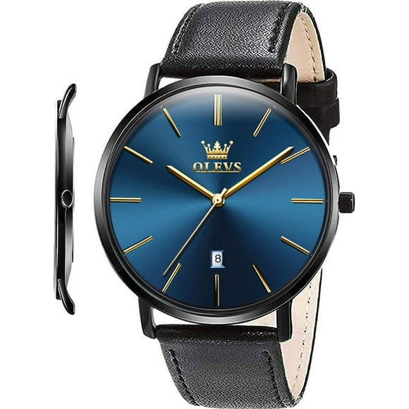 OLEVS Men's Ultra Thin Slim Big Face Date Leather Analog Wrist Watches Waterproof for Male Gift Classic Casual Minimalist Blue Large Dial Rose Gold Quartz Watch with Retro Genuine Band Black