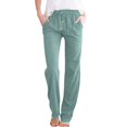 thumbnail image 2 of Women'S Cotton Linen Pants Drawstring Light-Weight Summer Fit Straight Leg Lounge Trouser Bean Green M, 2 of 3