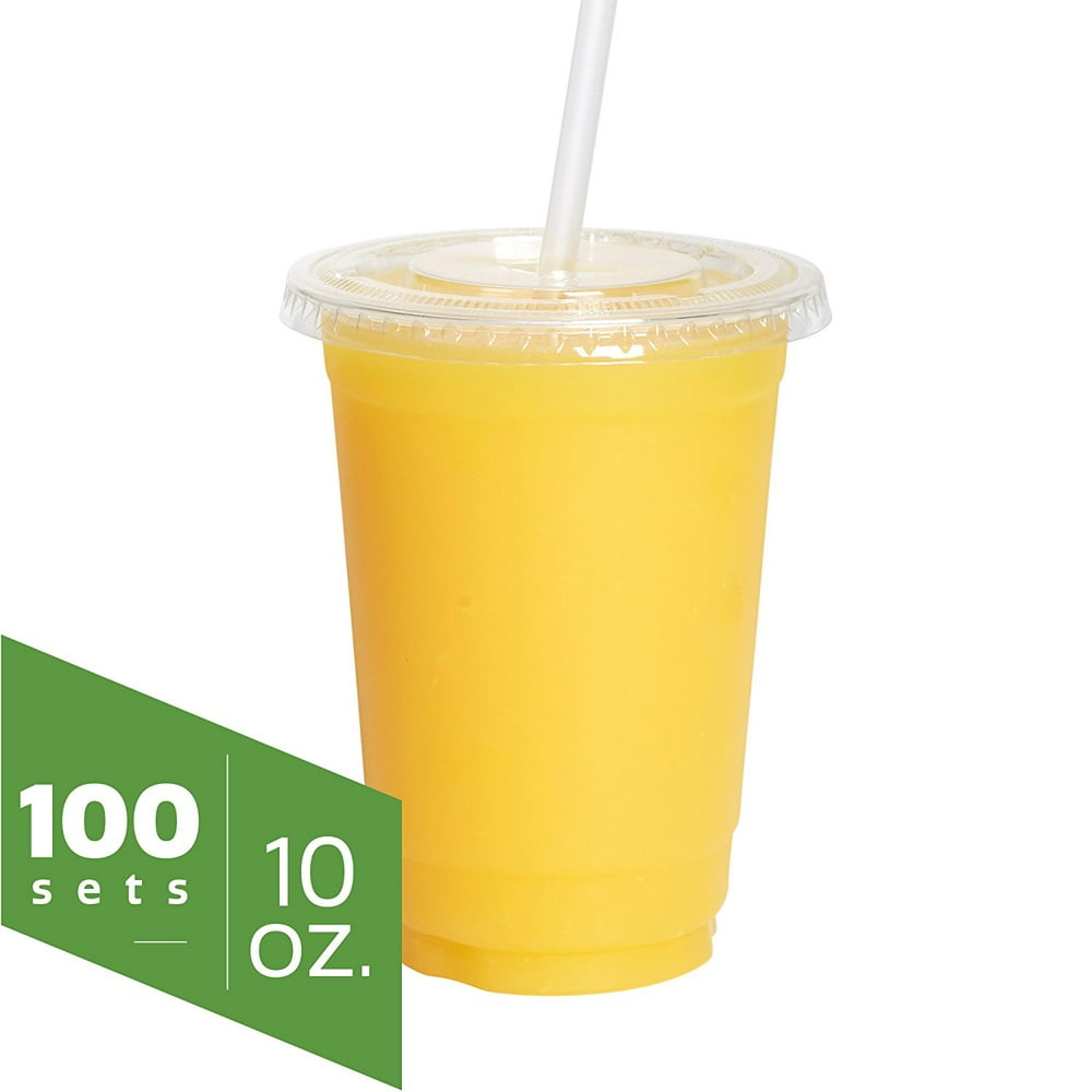 Comfy Package 10 oz. Clear Plastic Cups with Flat Lids [100 Sets