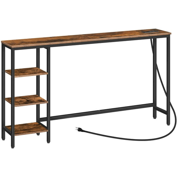 HOOBRO Console Table with Power Outlet, 63" Behind Sofa Table with Shelves, Narrow Entryway Table with Storage, Couch Table for Living Room, Hallway, Rustic Brown and Black BF164UXG01