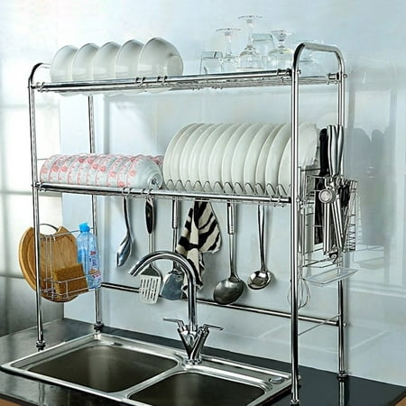 NEX Height Adjustable 2-Tier Nonslip Stainless Steel Dish Rack With Chopstick Holder, Moveable S-Hooks, Cutting Board Holder, Double Grooves (Best Stainless Steel Dish Rack)