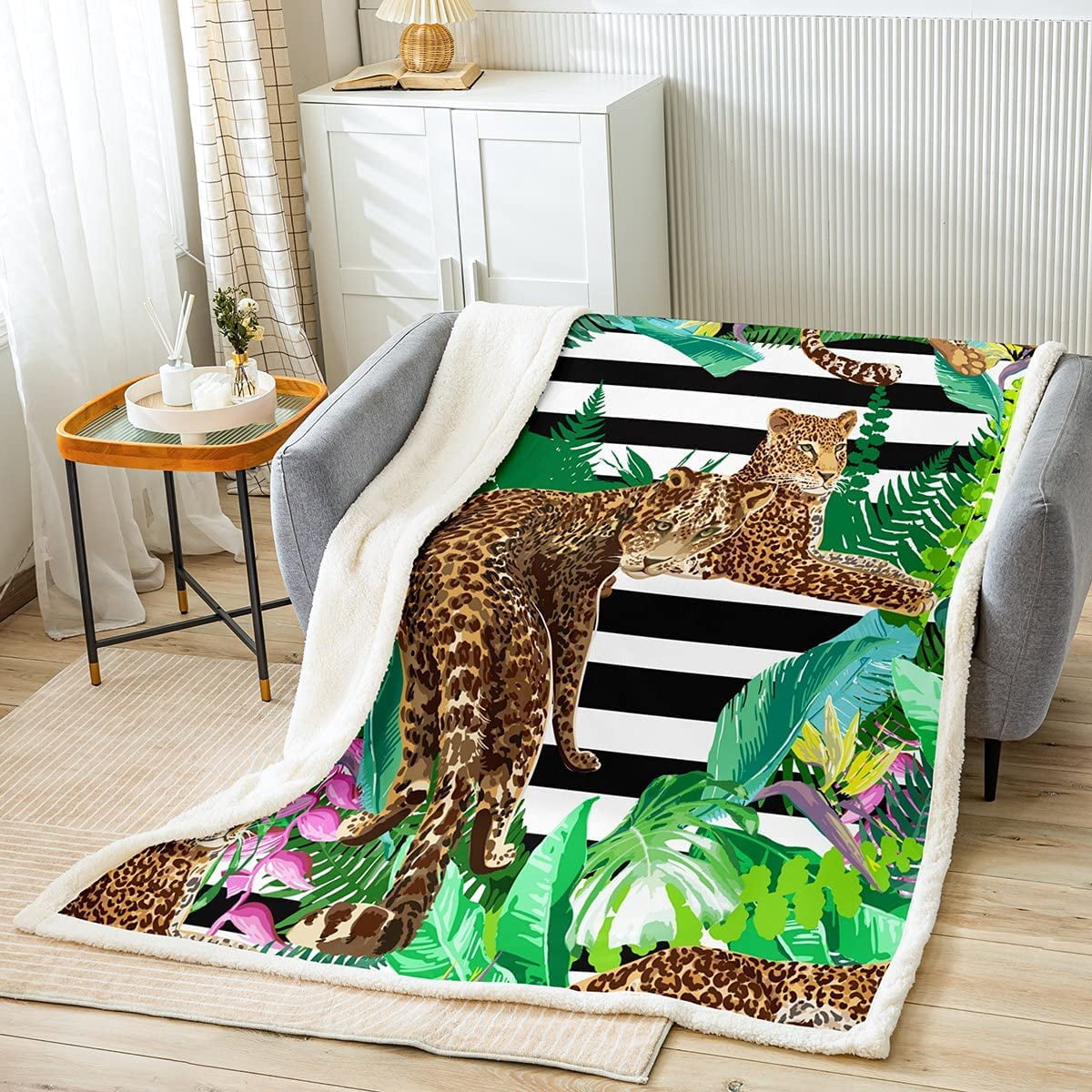 Cheetah Blanket for Kids Boys Girls Palm Leaf Natural Botanical Pattern