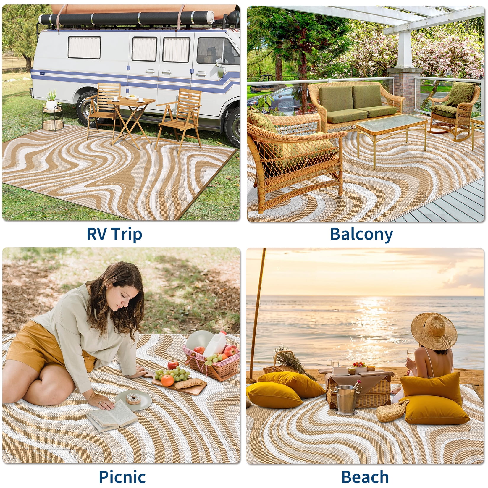 Hasoo 10' x 14' Brown/White Outdoor Rug for Patio Decor Waterproof Plastic Straw Modern Geometric Carpet PP Tube Woven Portable Camping Mat for Picnic Balcony