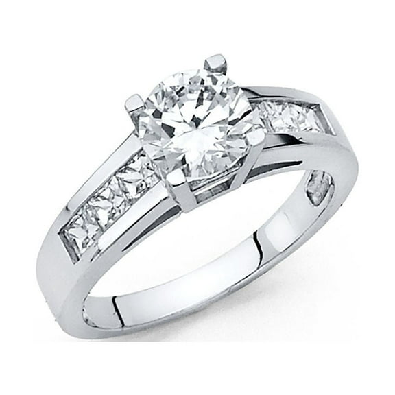 14k White Gold CZ Round & Princess Solitaire with Accent Wedding Ring