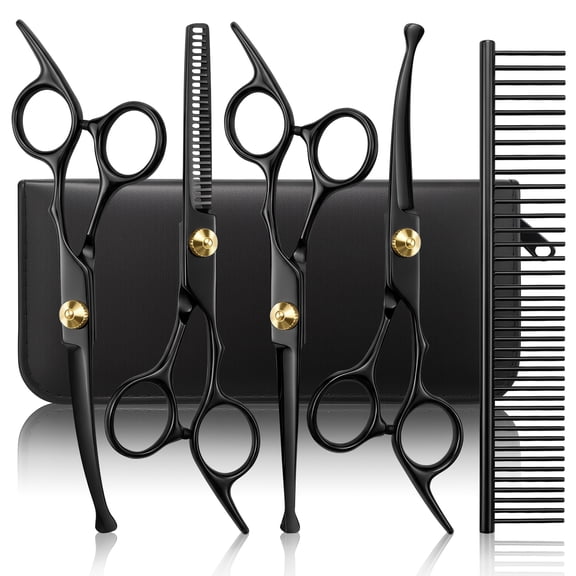 GPED Professional Dog Grooming Scissors Kit, 6 in 1 Dog Grooming Scissors with Safety Round Tips, Heavy-duty & 4CR Stainless Steel, Sharp & Study Cat Grooming Shears Kit for Dogs Cats(Black)