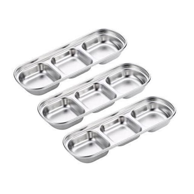 6 Pcs Soy Sauce Dish Stainless Steel Divided Dip Bowls Korean 3 Compartment Sauce Plate Seasoning Dipping Condiment Tray for BBQ Vinegar Spice Salt Sugar Flavor Home Restaurant (Silver)