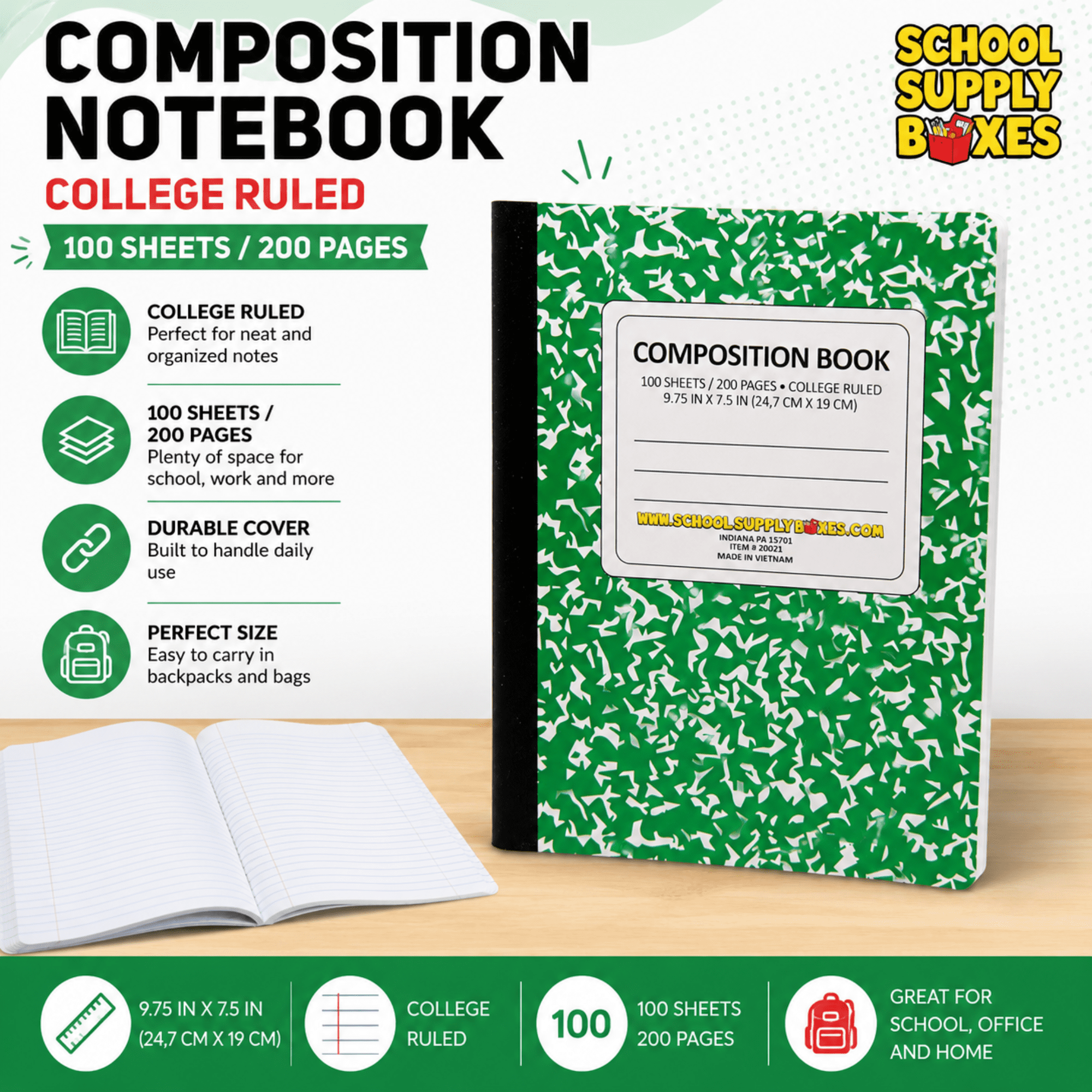 School Supply Boxes | Green, College-Ruled Composition Notebooks | 12 Pack | 100 Sheets, 200 Pages Per Pack