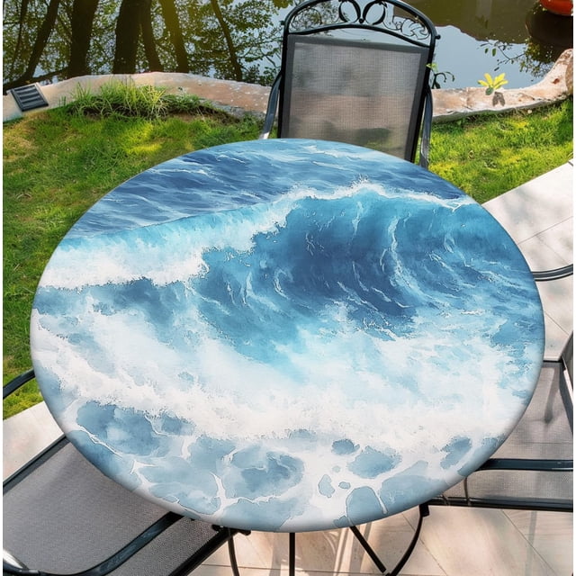 Housse de Table Ronde pour Tables Rondes 36 Pouces-70 Pouces, Nappe Ajustée avec Élastique pour Fête Intérieure Extérieure Vacances, 60 Pouces, Vagues de Mer