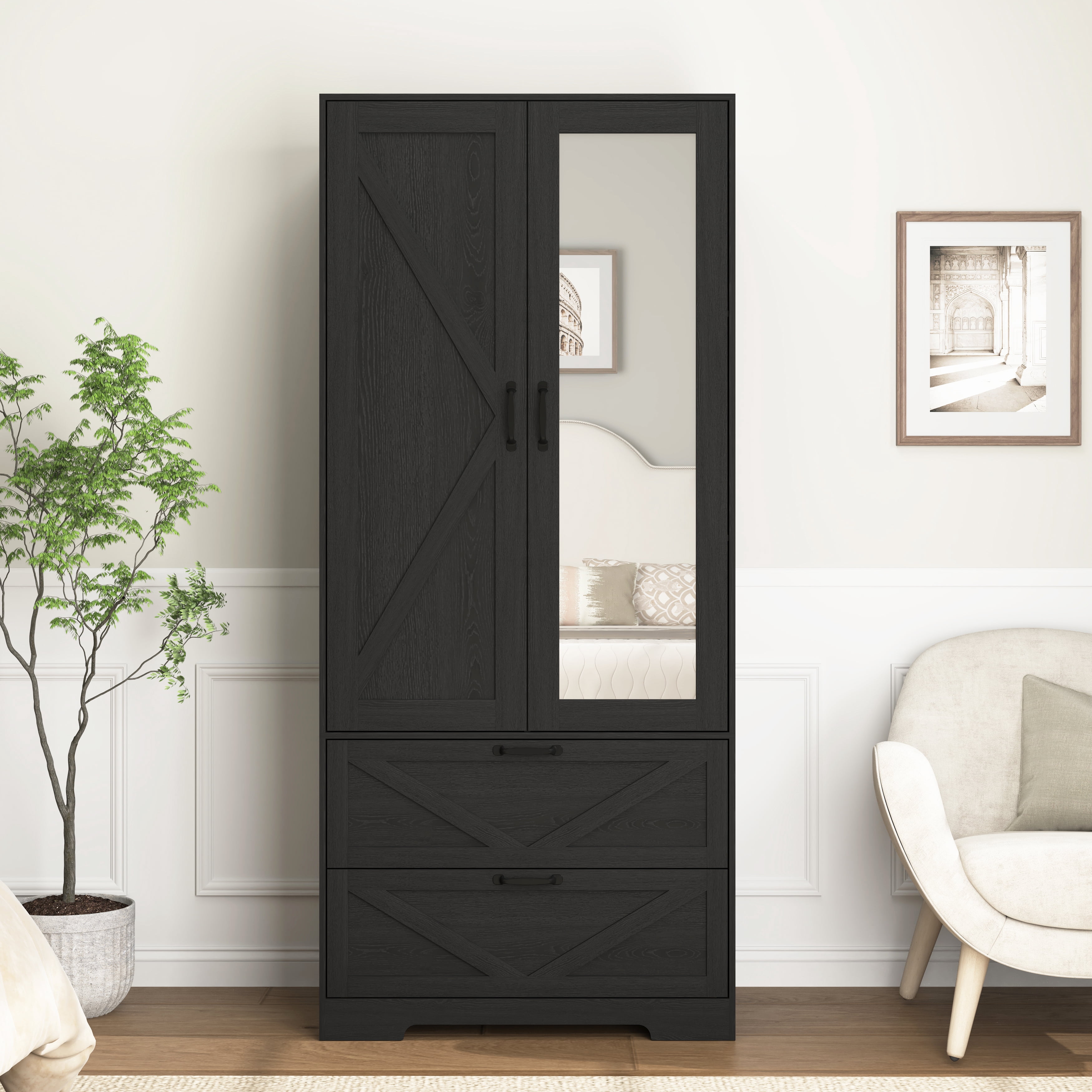 Mintazer 71" Tell Wardrobe Armoire with Mirror Door & 2 Large Drawers and Built-in Induction Light, Freestanding Clothing Storage Cabinet with Hanging Rod & Shelves for Bedroom, Black