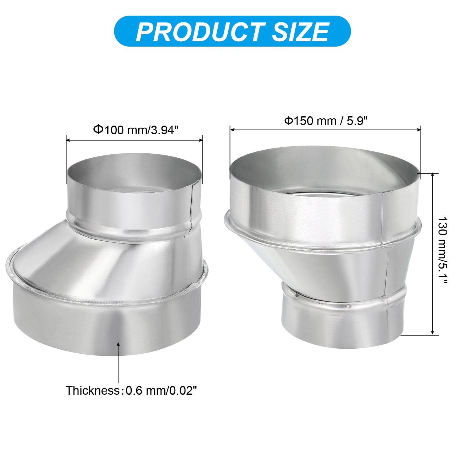 Uxcell 6" to 4" Eccentric Duct Reducer, 1Pcs Galvanized Iron Ducting Connector Round Air Duct Adapter Pipe Fitting