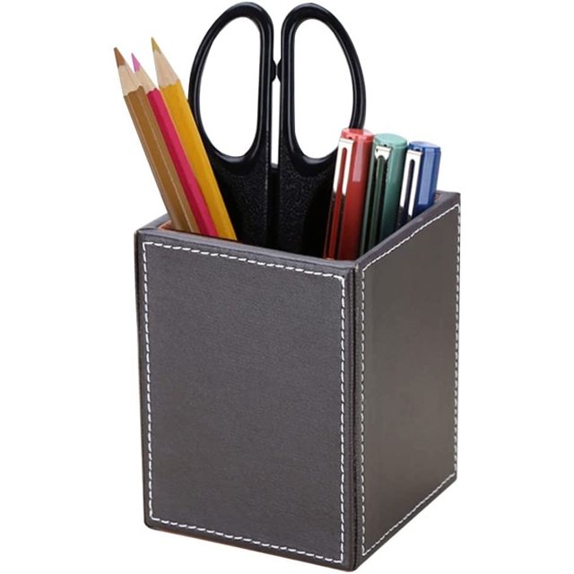 Porta lápices cuadrados de cuero PU, taza, organizador de papelería de escritorio, caja contenedora de accesorios de oficina, color marrón Rojo Verde