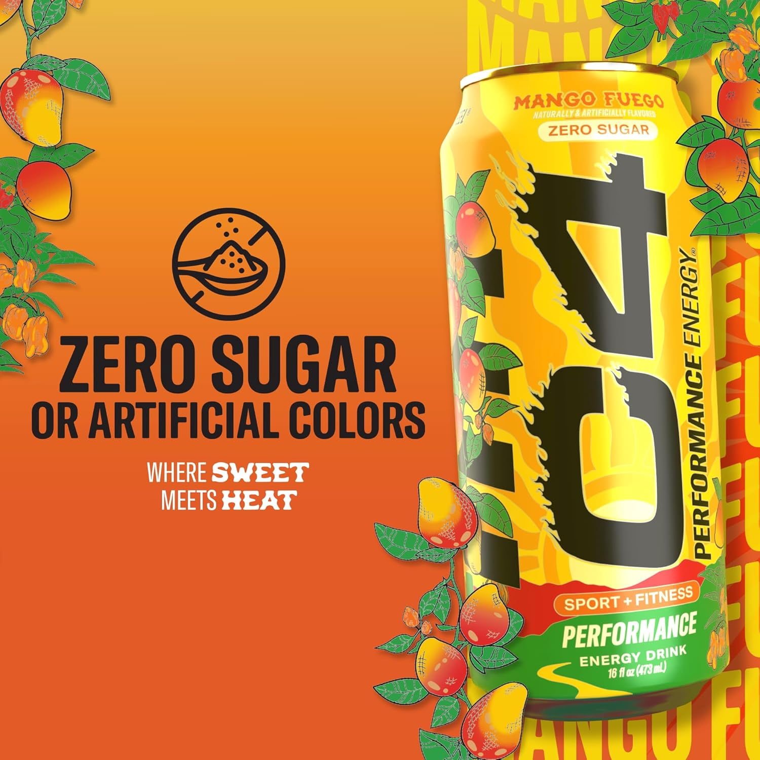 C4 Performance Energy, Sport & Fitness Energy Drink, Mango Fuego, Zero Sugar, 16 fl oz
