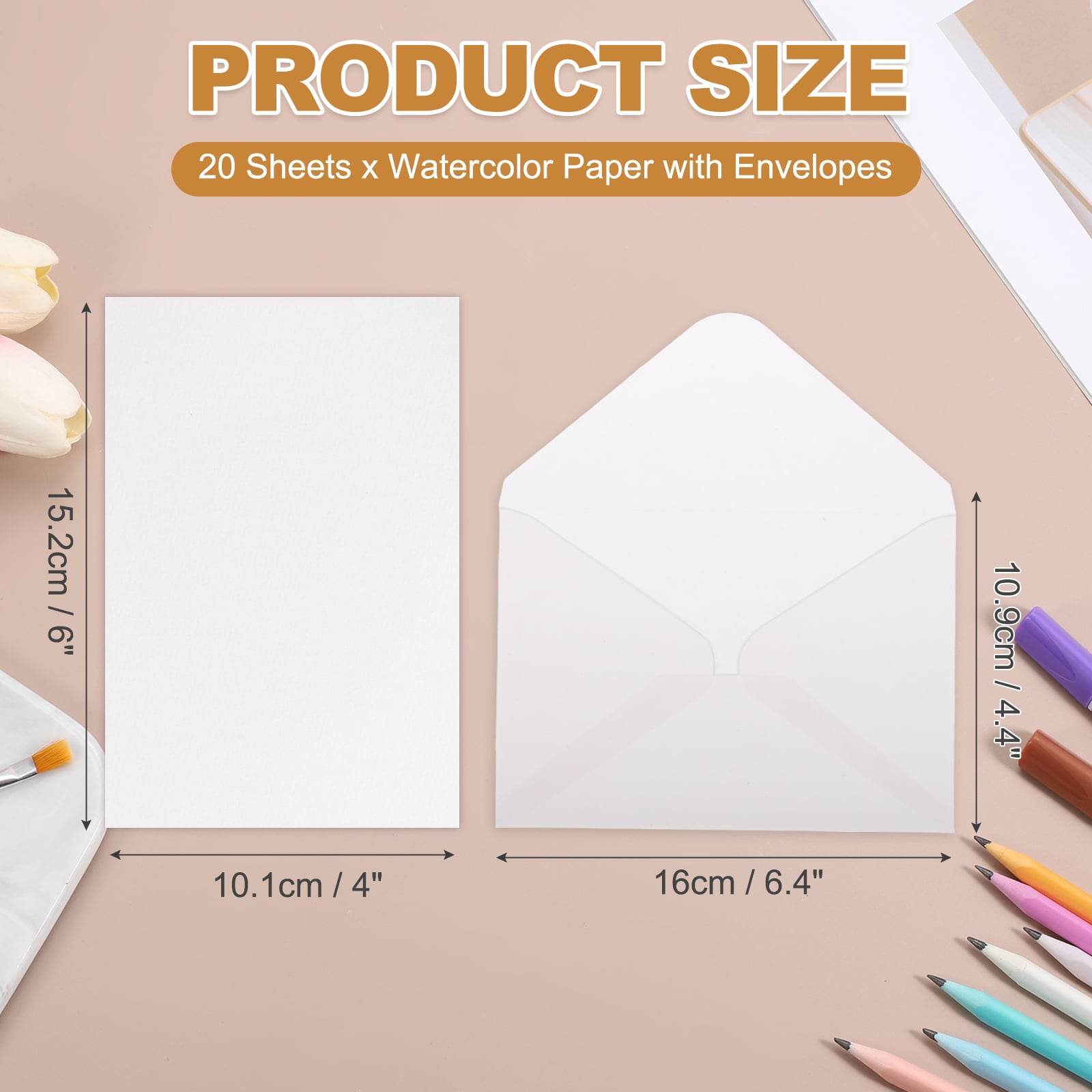 Uxcell 20 Set Watercolor Paper with Envelopes 6 x 4 Inch 140lb/300gsm Artist Painting Drawing Paper Cold Press Water Color Sheet with Beige Box for Sketchbook Journal (Straight Corner)