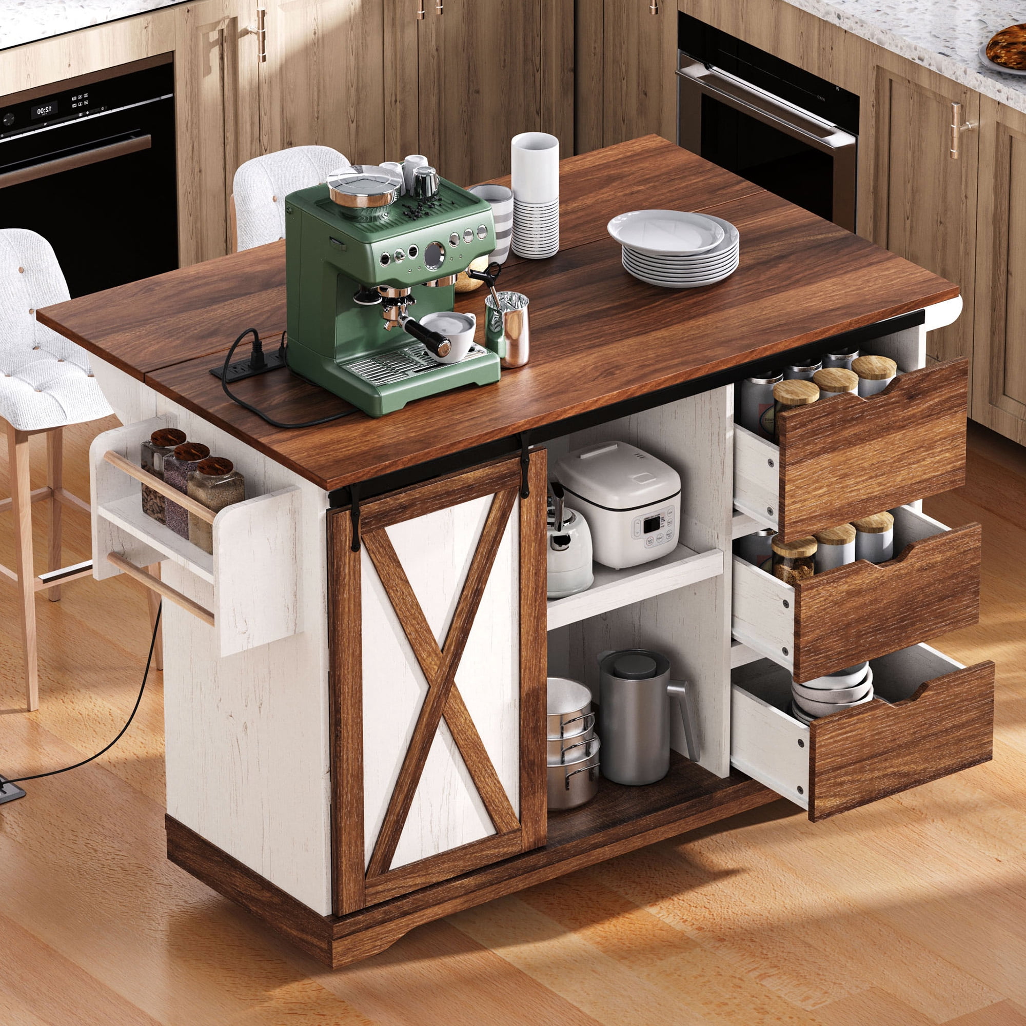 Euroco Farmhouse Kitchen Island with Drop Leaf, Charging Station, Storage Cabinet & Drawers, Rolling Kitchen Cart with Barn Door – 55.5''W