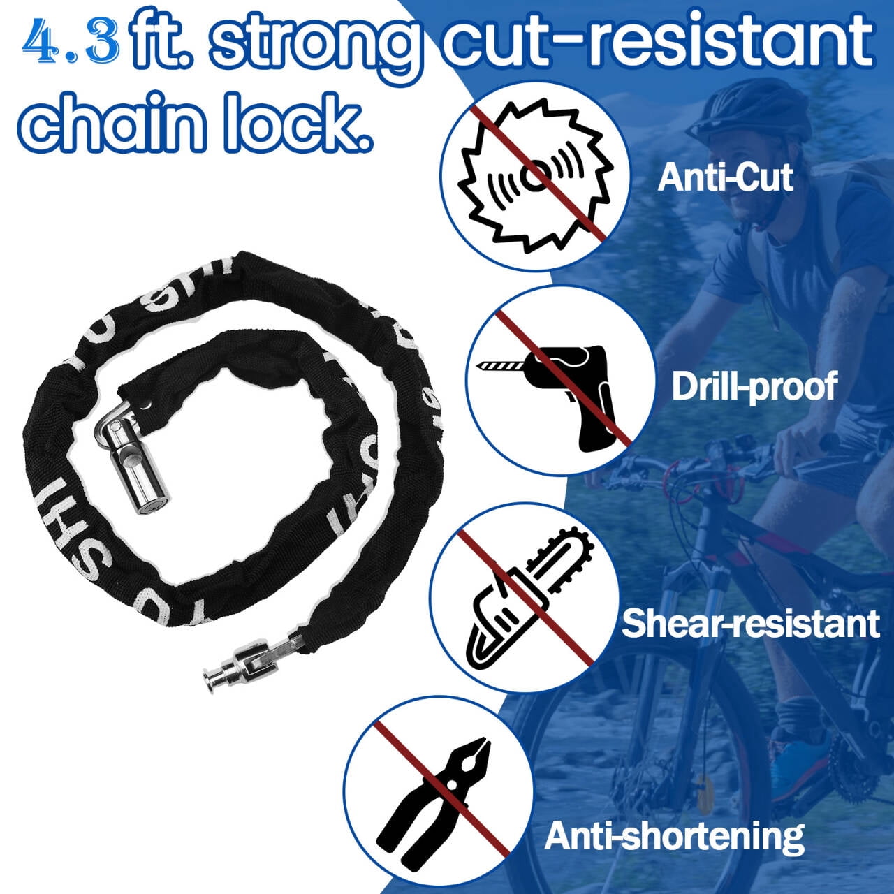 4.3FT Bike Chain Lock with 2 Keys, Bicycle Locks Heavy Duty Anti Theft, Bicycle Chain Locks, Bike Lock Chains for Motorbikes, Trucks, Iron Gates, Trolleys