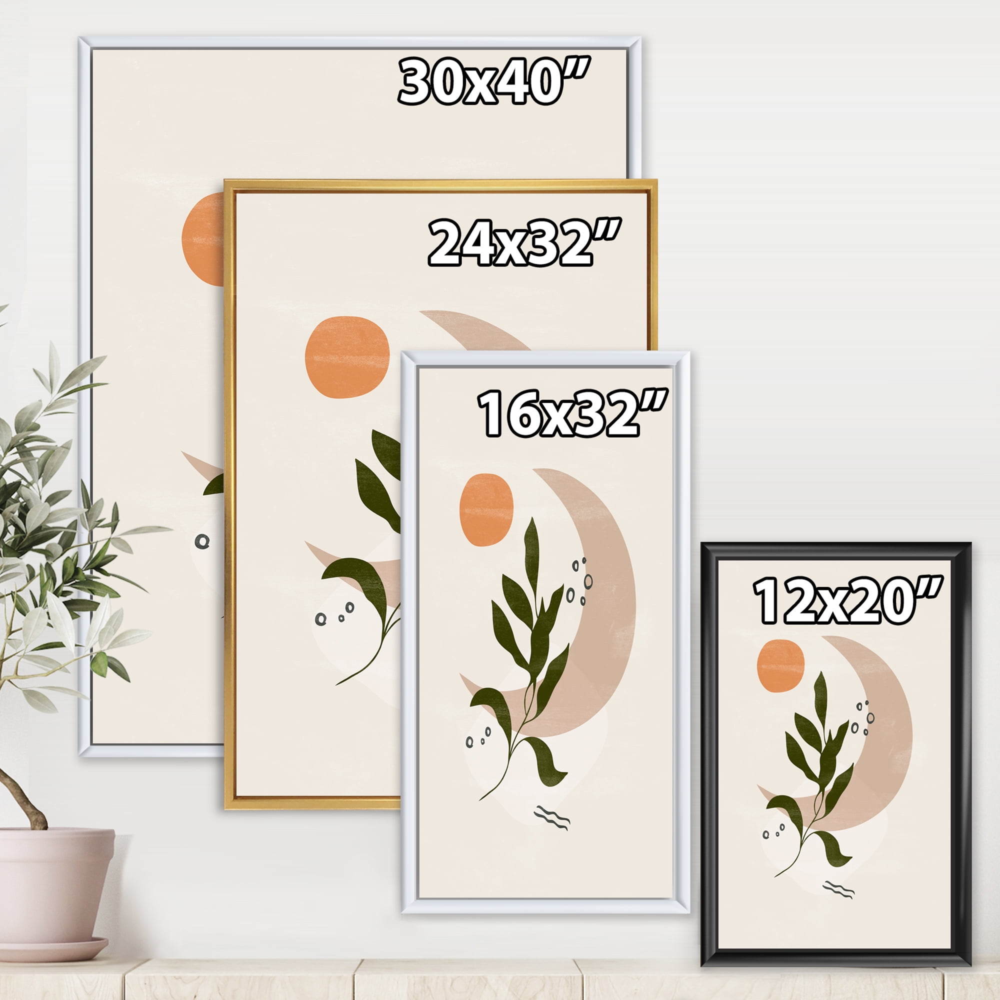 Designart 'Abstract Geometrical Leaf With Moon I' Modern Framed Canvas Wall Art Print
