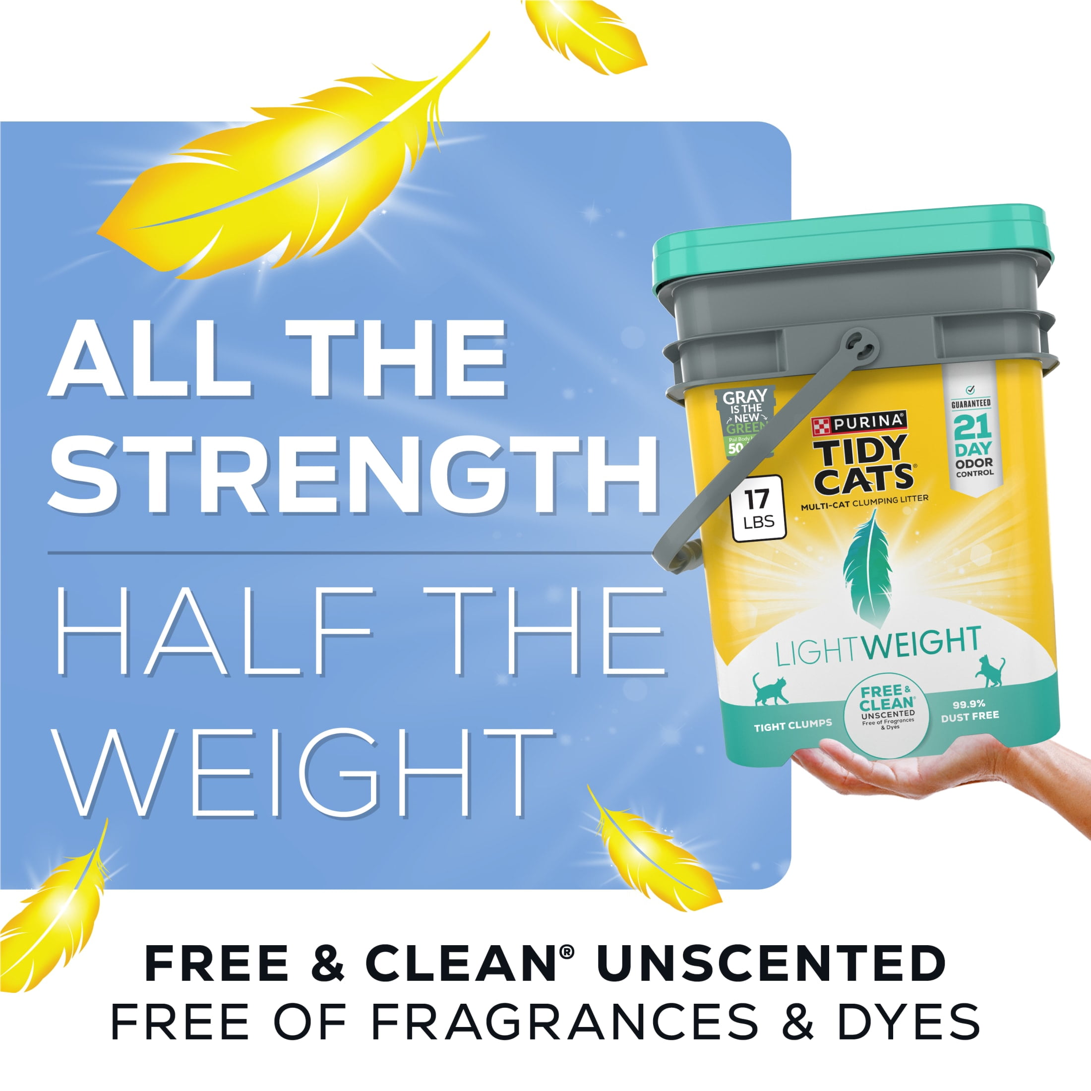 (3 pack) Purina Tidy Cats Free and Clean LightWeight Cat Litter, Unscented, 17 lb Pail
