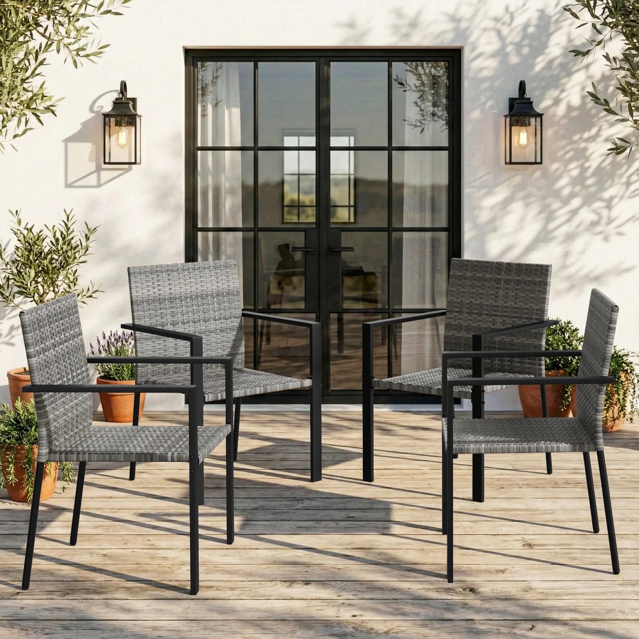 UDPATIO Patio Dining Chairs Set of 4 Stackable Outdoor Wicker Dining Chairs, All-Weather Patio Armchairs with Armrests, Rustproof Steel Frame, Ergonomic Comfort for Backyard, Deck, Garden,Grey
