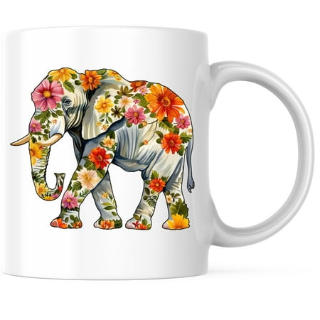 

Bliss Monkey Co. Elephant with Floral Print Coffee Mug - Cool Retro Flower Print - 11 Ounce Coffee Mug - Microwave & Dishwasher Safe - White Handle & Interior - Printed On Both Sides - BMCM01106