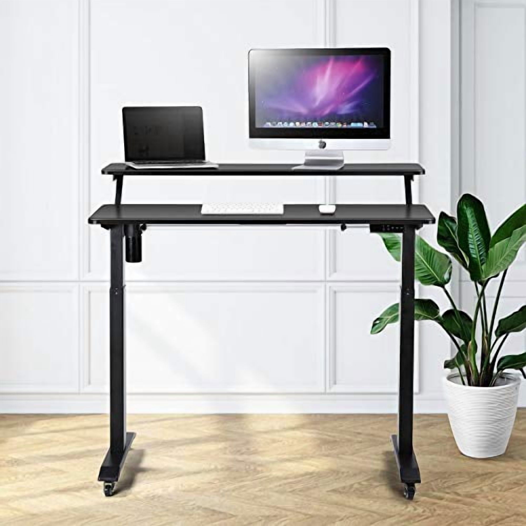 UNICOO® 2 Tier Electric Height Adjustable Standing Desk with Wheels, Electric Mobile Standing Workstation, Sit Stand Desk Home Office Desk Whole-Piece Desk Board 48 * 24 in (KT1002-BB) 2Tier