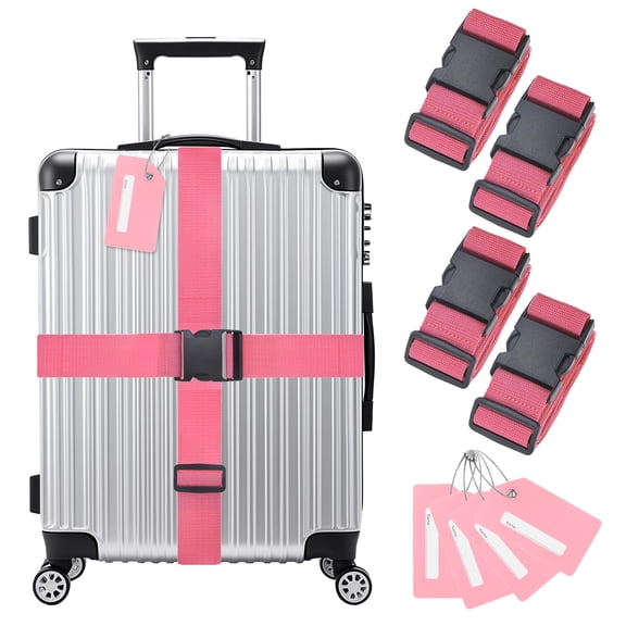 4-Sets Luggage Straps TSA Approved, Luggage Straps Suitcase Tags Set Adjustable Suitcase Belt [Pink]
