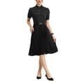 thumbnail image 2 of INSPIRE CHIC Women's Half Placket Shirt Dress Short Sleeve Ruffle Stand Neck Pleated Midi Dresses with Belt S Black, 2 of 5