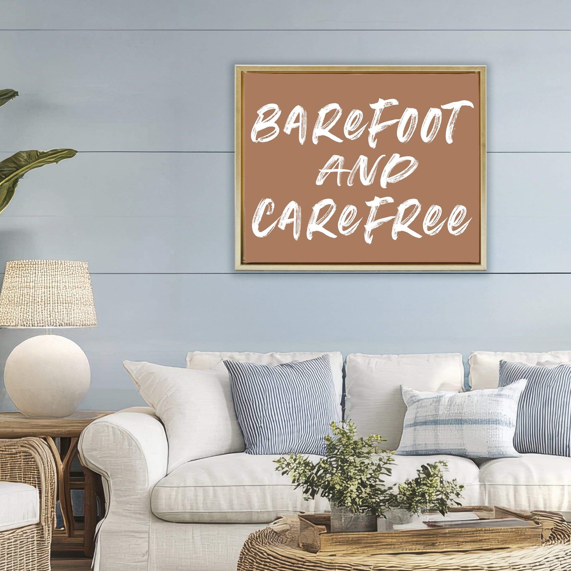 Barefoot & Carefree Brown Gold Framed Floater Canvas Wall Art, design by Lettered and Lined