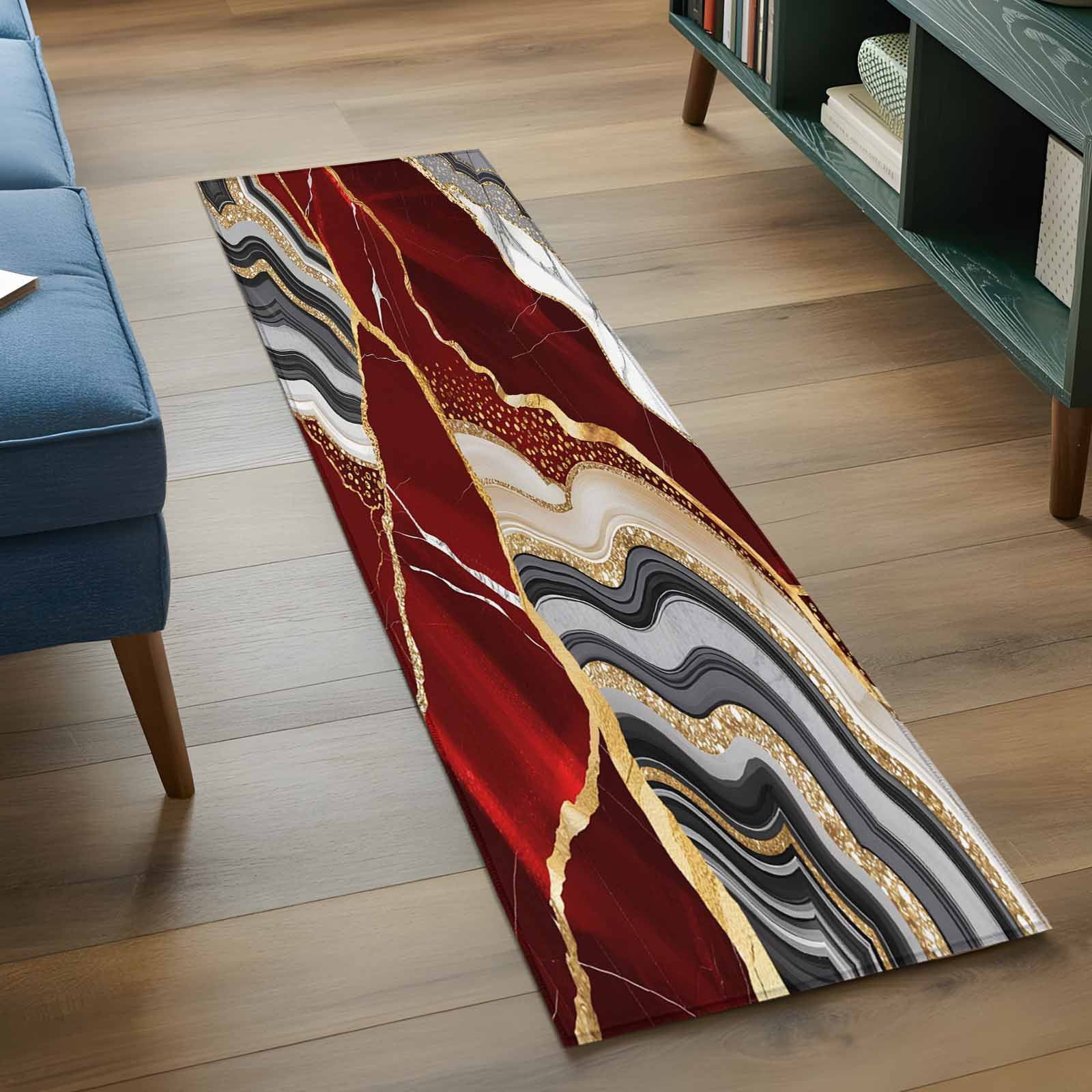 Red Gold Marble Runner Rugs 2x6 ft Glitter Geometric Marble Foil Texture Washable Hallway Rugs Non-Slip Floor Mats Absorbent Carpet Bedside Runners for Bedroom Kitchen Bathroom Laundry Room