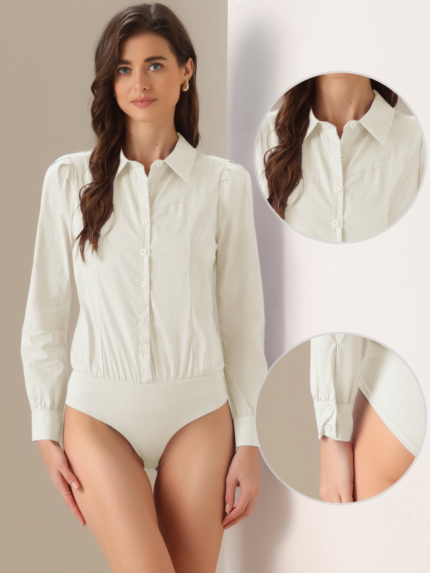 DARING DIVA Leotard Shirt Collared Button Down Long Sleeves Bodysuit XL Beige