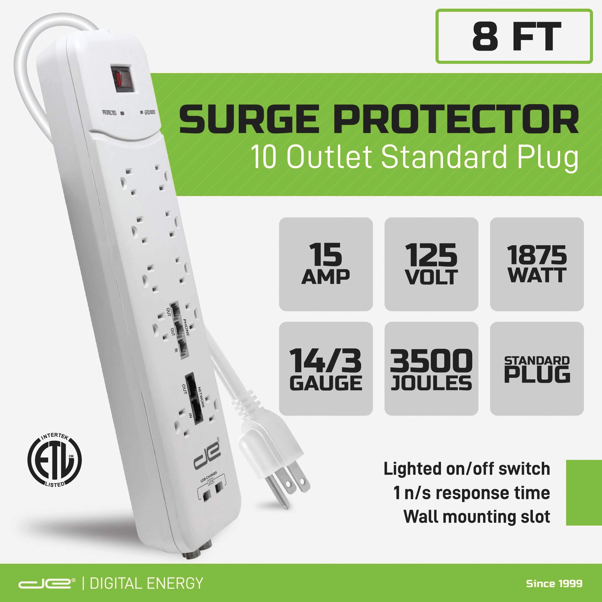 Digital Energy DSS5-1034-WHT 10-Outlet Heavy-Duty Surge Protector Power Strip with 2 USB Ports and Coaxial, Phone, and Modem Protection (White; 8-Foot Cord)