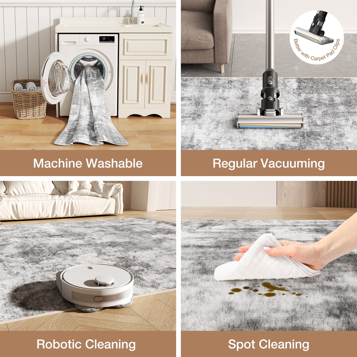 Washable Area Rug for Living Room, 8'x10' Non-Slip Neutral Abstract Gray Indoor Rugs, Low Pile Stain Resistant Carpet for Bedroom Kitchen