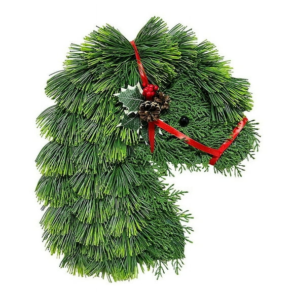 Horse Head Wreath for Front Door, Artificial Pine Branches Wreath with Red Ribbon Decor Rustic Artificial Green Wreaths