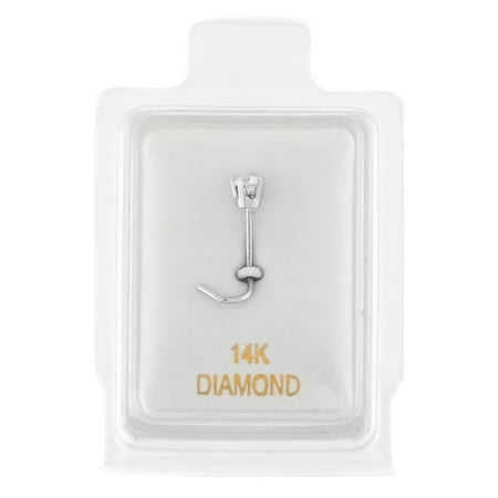 - 14K White Gold 2.7mm .07 cttw Diamond Nose Ring Curve Stud Twist Screw 22G