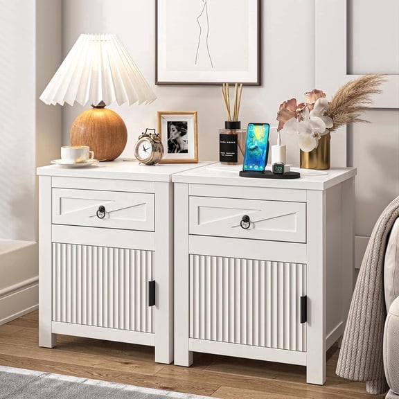Modern Fluted Nightstand with Charging Station, Bedside Table with Drawer & Cabinet, 24" Tall Wood End Table with USB & AC Outlets, White, Set of 2