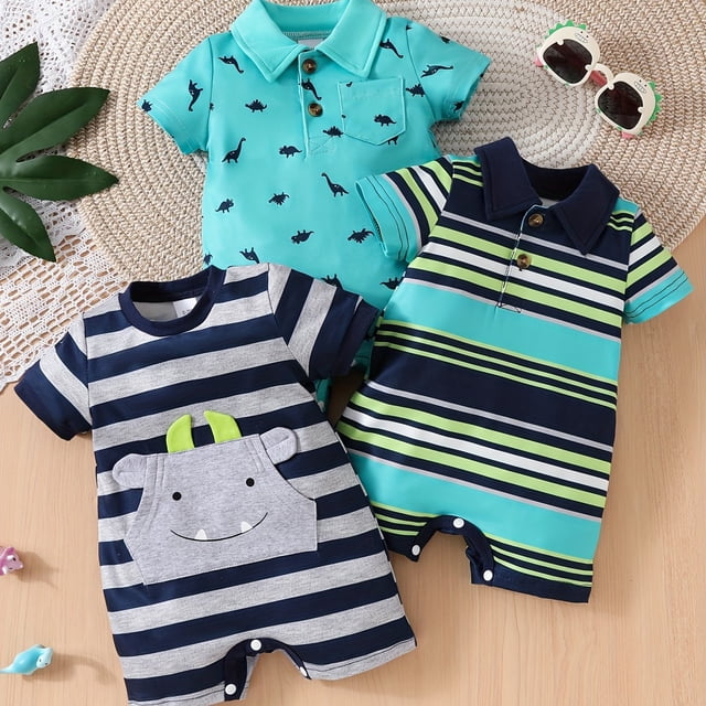 QJUHUNG Ensemble 3 Pcs de Barboteuse Décontractée à Manches Courtes pour Bébé Garçon Adorable, Col Rabattu et Col Ras du Cou, Cache-Couche Doux et Respirant pour Tout-Petit et Nourrisson avec Design Facile à Changer