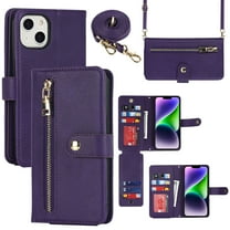 Feishell Compatible with for iPhone 14 Wallet Case Crossbody, Zipper Phone Case with RFID Blocking Card Holder Wrist Strap Leather Purse Gift for Women For iPhone 14, Purple