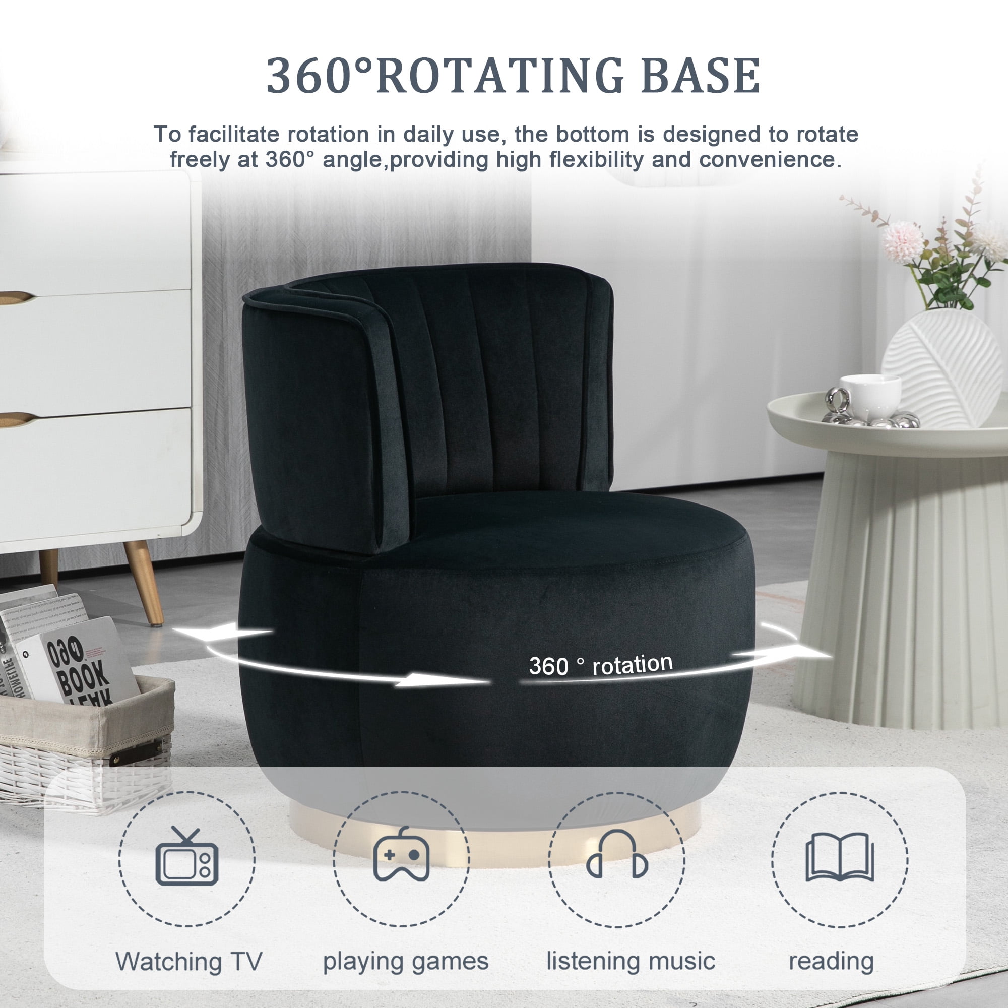 MOONMISS Velvet Upholstered 360 Degree Swivel Armless Round Barrel Chairs for Living Room-Black