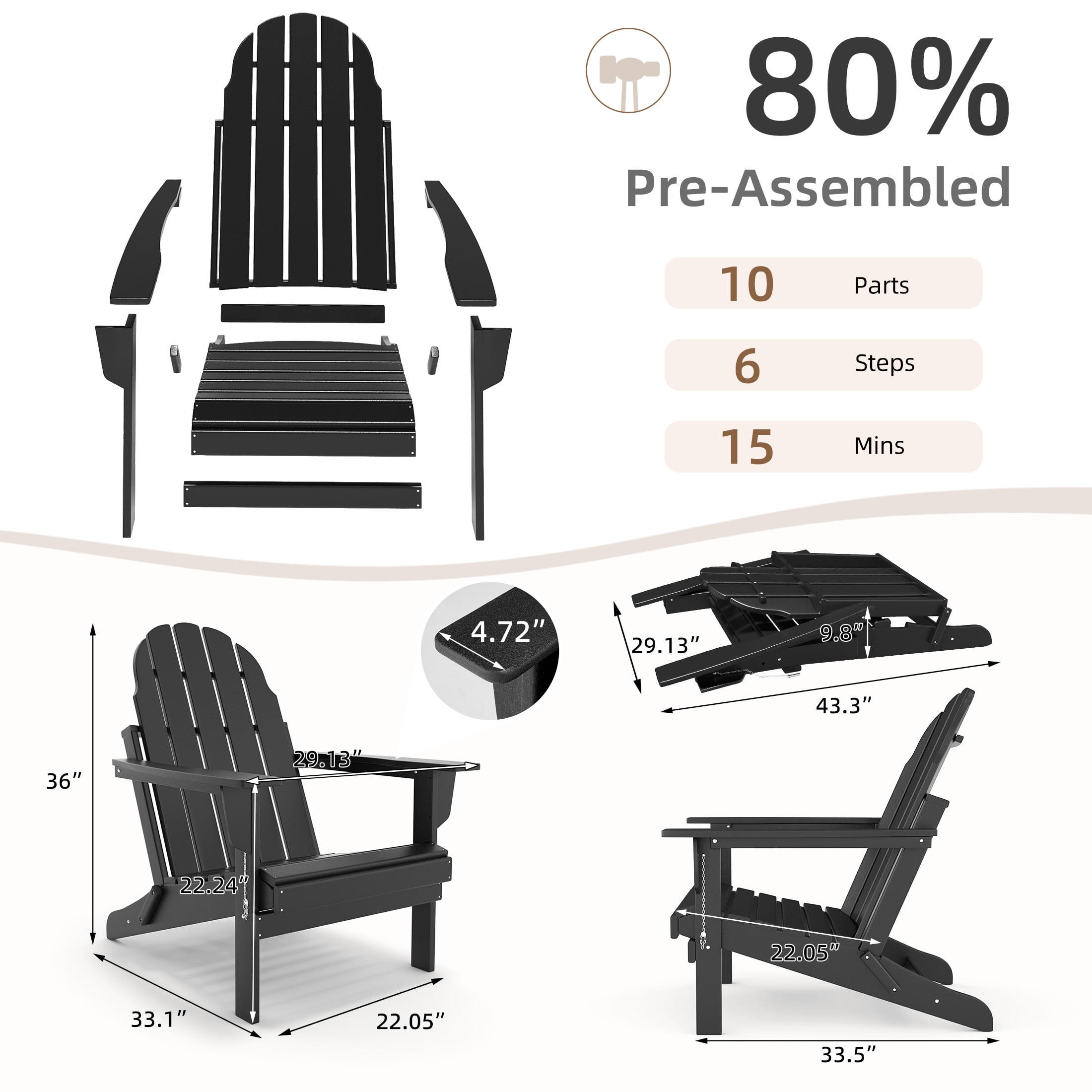 Erinnyees All-Weather Adirondack Chair,Folding Adirondack Outdoor Chair with Wooden Textured for Patio,Garden,Backyard and Lawn,Black