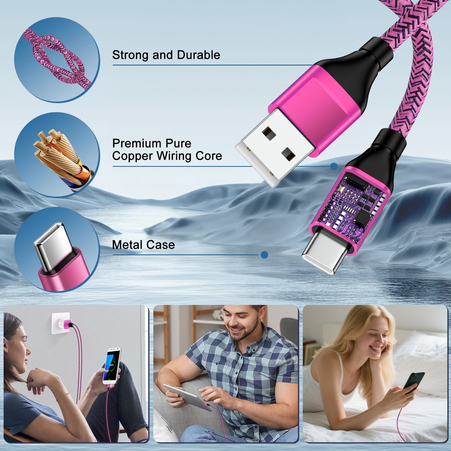 Type C Charger Block, Dual Port Wall Charger Adapter with 2pcs Type C Charging Cable 6FT, USB C Charger Fast Charging USB Brick Cube Power Base Charger Station Compatible for iPhone Samsung, Pink